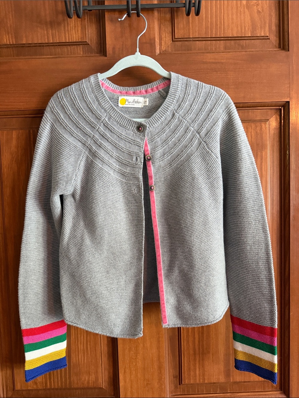 Mini Boden Gray Cardigan with Rainbow Stripe Cuffs